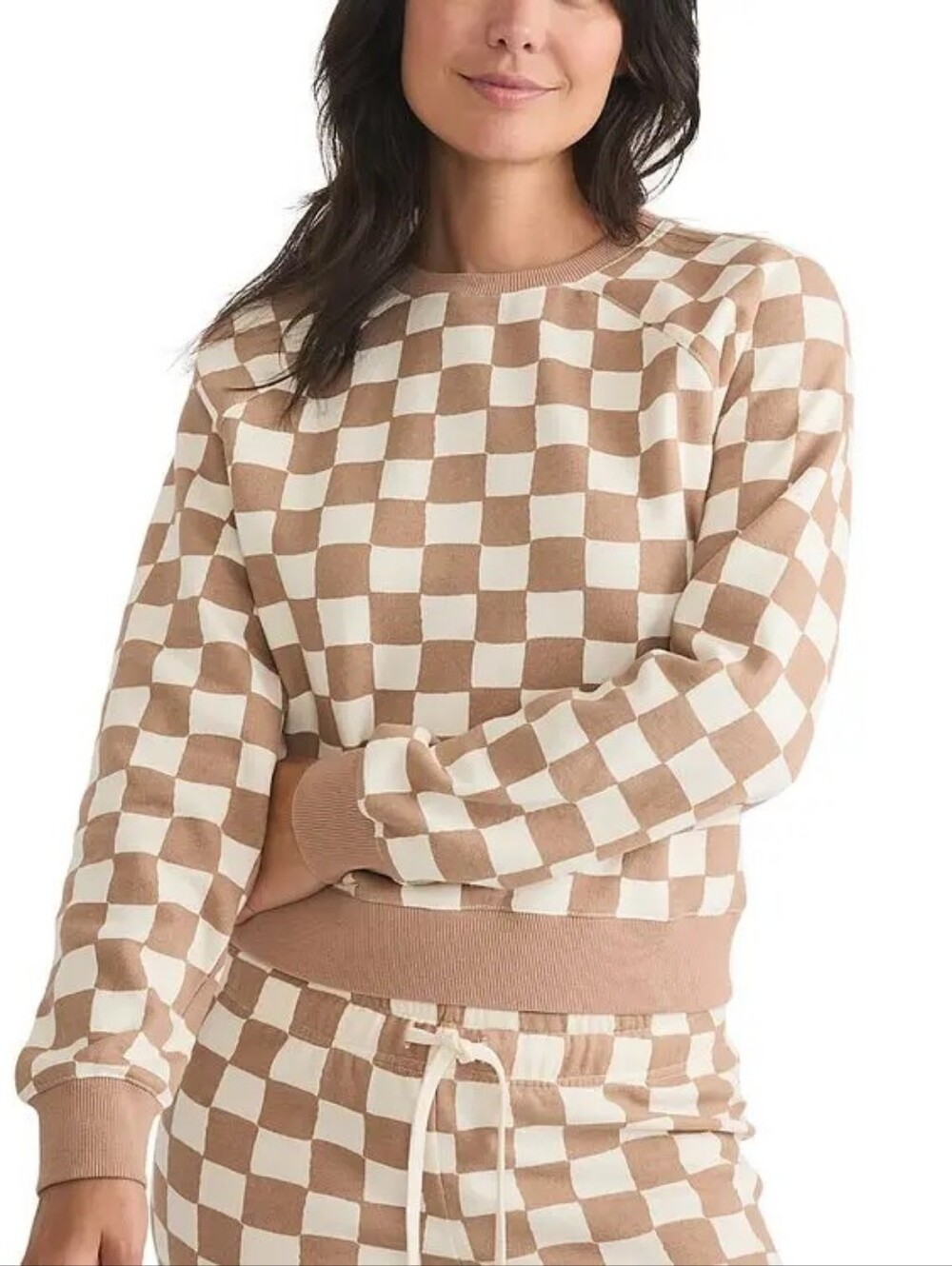 Marine Layer Anytime Sweatshirt Top Checkered Beige Tan Khaki Brown Size Medium